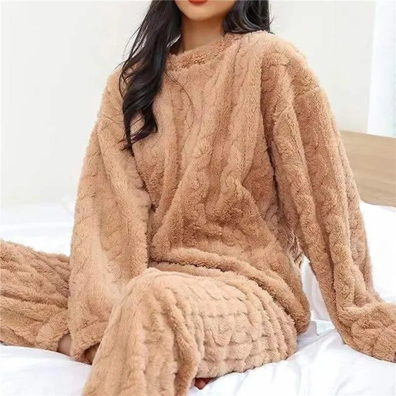 Soft Coral Velvet Jacquard Warm Pajama Set for Women Cozy Loungewear Outerwear for Winter Christmas Back to School Gift 