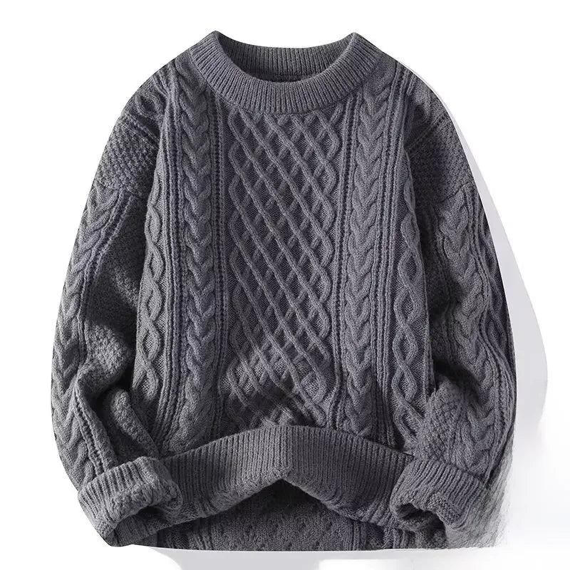 Trendy Knitted Sweater For Men Casual Round Neck Warm Inner Loose-fit Pullover Cozy Soft Supple Fall Winter Fashion