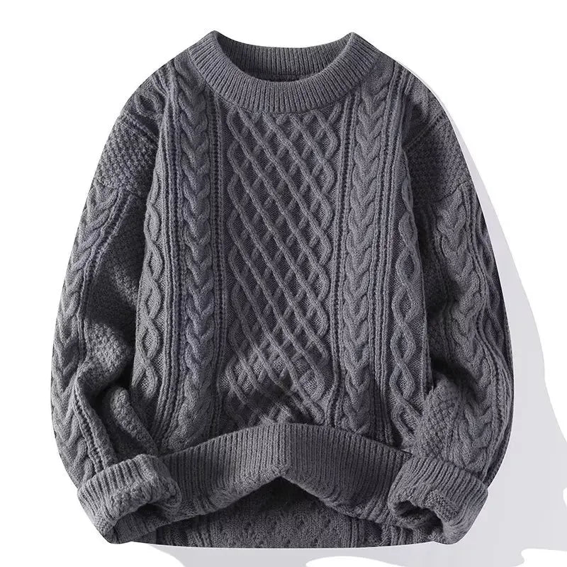 Trendy Knitted Sweater For Men Casual Round Neck Warm Inner Loose-fit Pullover Cozy Soft Supple Fall Winter Fashion